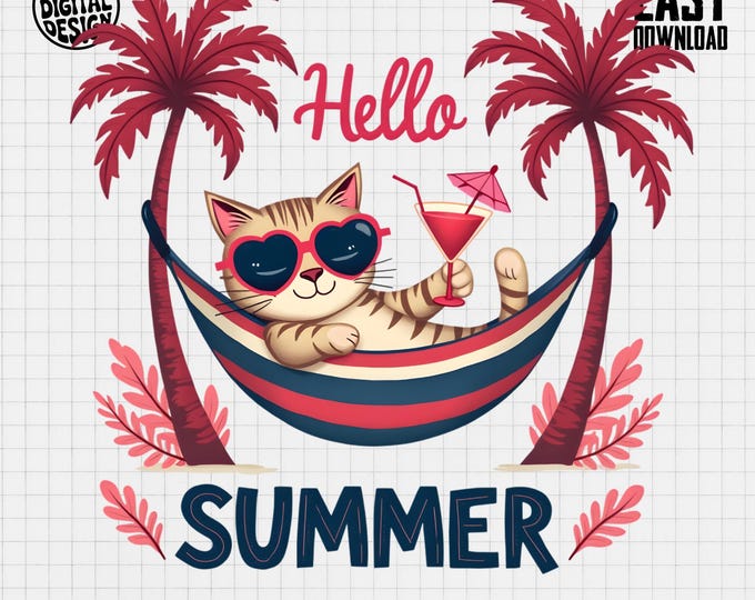 Hello Summer T Shirt, Cat In Hammock, Tropical T Shirt, Vacation T Shirt, Summer Cat Lover T Shirt, Trendy Shirt, Gift For Cat Owner