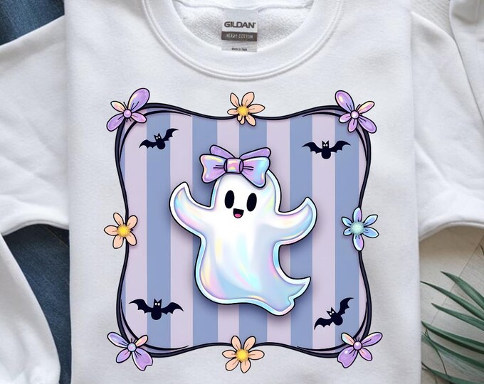Cute Ghost Halloween PNG, Pastel Goth Ghost T-Shirt Design, Kawaii Spooky Sublimation Art, Pink Bow Spirit Clipart, Digital Download