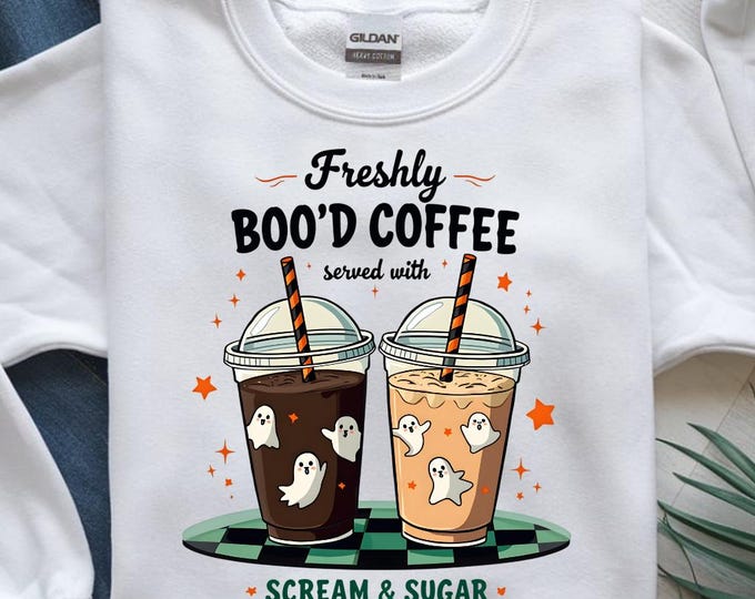 Freshly Boo’d Coffee PNG, Funny Halloween Ghost Iced Coffee Sublimation, Spooky Coffee Lover Digital Download, Scream and Sugar Design