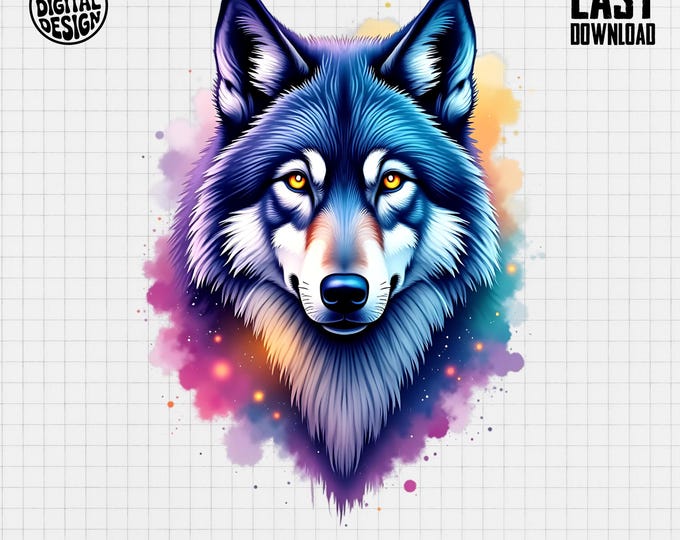 Digital Wolf T Shirt Image, Watercolor Wolf Head Art, Colorful Animal Design, Fantasy Graphic Tee, Dijital Product
