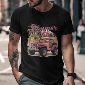 Men's Summer Vibes T-Shirt, Retro Jeep and Palm Trees Graphic Tee, Casual Beach Style Top