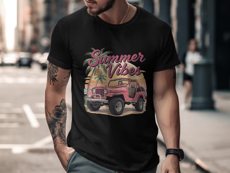 Men's Summer Vibes T-Shirt, Retro Jeep and Palm Trees Graphic Tee, Casual Beach Style Top