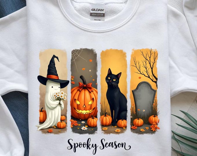 Spooky Season T-Shirt PNG, Cute Ghost Cat Pumpkin Sublimation Design, Vintage Halloween Shirt Digital Download, 300 DPI PNG