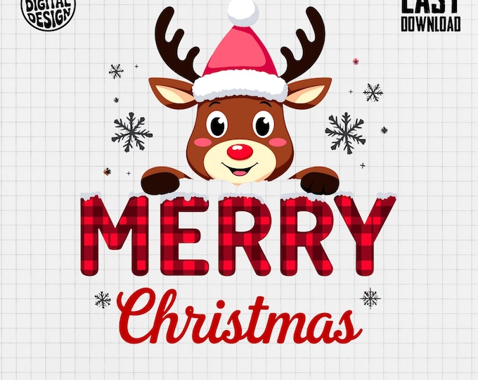 Merry Christmas Reindeer T-Shirt, Holiday TShirt, Digital Gift, Xmas Shirt, Festive Clothing, Cute Reindeer, Christmas Deer Shirt