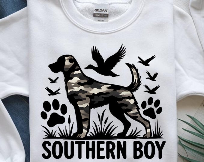 Southern Boy Hunting Dog PNG – Camo Duck Dog Digital Design for Country T-Shirt, Outdoors, Rustic Style – 300 DPI, PNG File