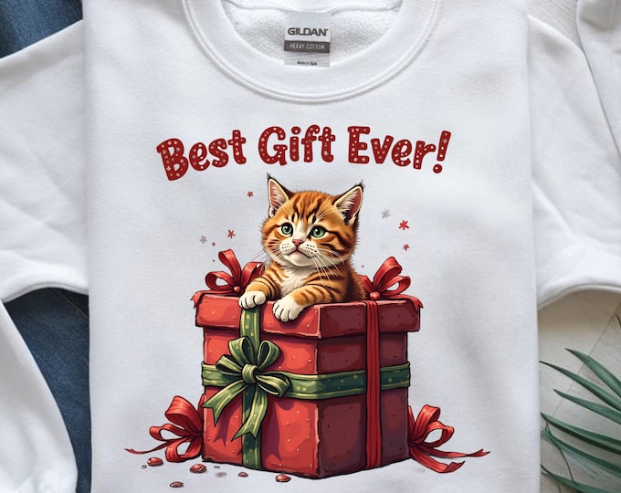 Best Gift Ever Cat PNG, Christmas Kitten T-Shirt Design, Cute Holiday Gift Box Cat, Printable Sublimation PNG, Digital Download