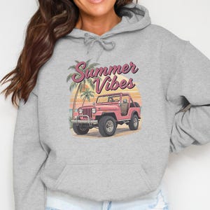 Summer Vibes Hoodie, Beach Graphic Sweatshirt, Vintage Jeep Print, Casual Women's Pullover, Tropical Design Top