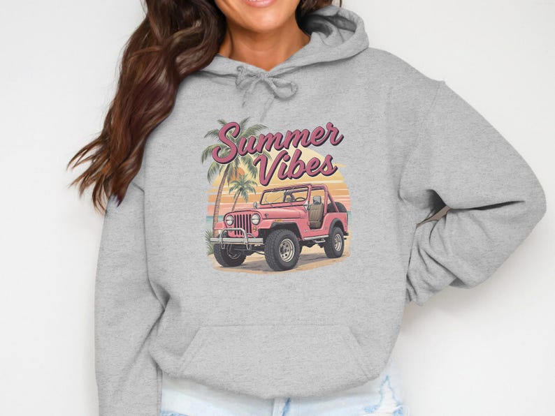 Summer Vibes Hoodie, Beach Graphic Sweatshirt, Vintage Jeep Print, Casual Women's Pullover, Tropical Design Top