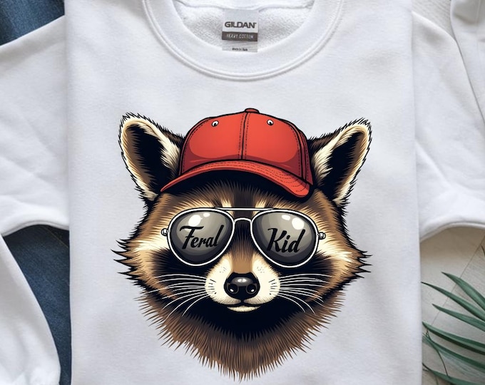 Feral Kid Raccoon PNG, Cool Animal T-Shirt Design, Funny Trash Panda Sunglasses Clipart, Streetwear Sublimation Art, Digital Download