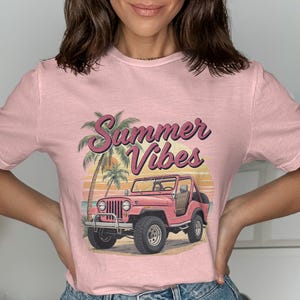 Summer Vibes Pink T-Shirt, Vintage Jeep and Palm Tree Design, Casual Beachwear Top
