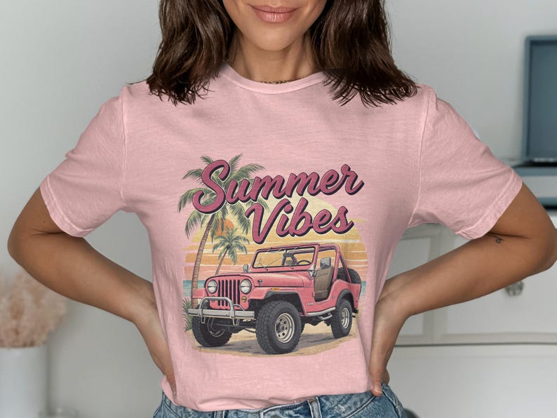 Summer Vibes Pink T-Shirt, Vintage Jeep and Palm Tree Design, Casual Beachwear Top