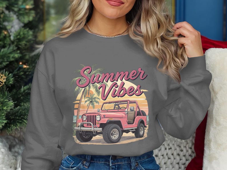 Retro Summer Vibes Sweatshirt, Vintage Jeep Graphic, Casual Women's Pullover, Beach Style Top, Cool Gray Apparel