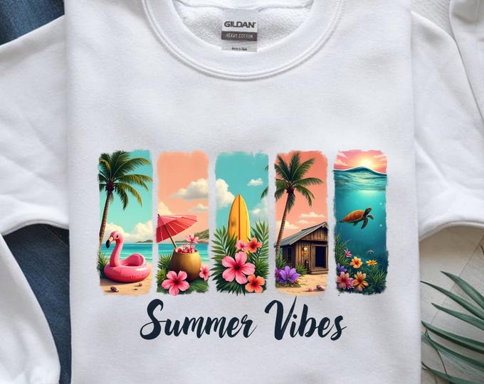 Summer Vibes PNG, Tropical Beach Sublimation Design with Surfboard and Flamingo, Digital Download PNG for T-Shirts and Mugs