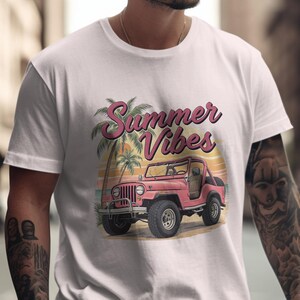 Summer Vibes T-Shirt with Vintage Car Graphic, Casual White Tee, Beach Style Top, Trendy Graphic T-Shirt for Summer