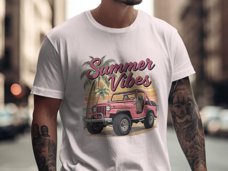 Summer Vibes T-Shirt with Vintage Car Graphic, Casual White Tee, Beach Style Top, Trendy Graphic T-Shirt for Summer