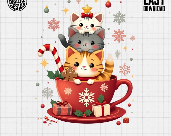 Cute Christmas Cats T-Shirt, Holiday Kitten Stack in Mug, Festive Digital Item, Cat Lover Gift, Winter Holiday Apparel