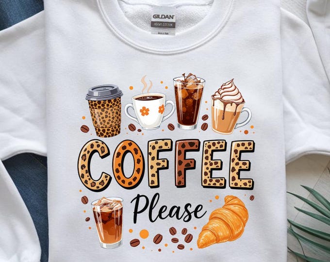 Coffee Please PNG | Leopard Text & Croissant Sublimation | Coffee Lover Tee Design | 300 DPI Digital Download