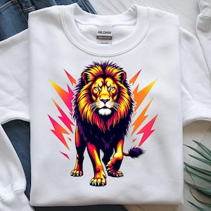 Neon Lion PNG, Bold Animal T-Shirt Design, Electric Jungle King Printable, Colorful Lion Sublimation Art, Digital Download PNG
