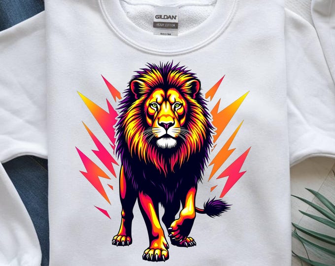 Neon Lion PNG, Bold Animal T-Shirt Design, Electric Jungle King Printable, Colorful Lion Sublimation Art, Digital Download PNG