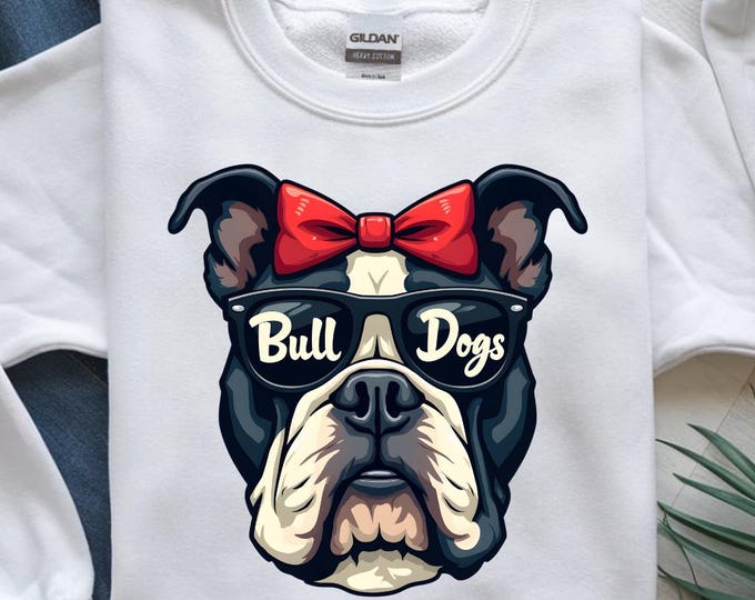 Cool Bulldog PNG, Bulldog with Sunglasses and Red Bow, Dog Lover Shirt Design, 4096×4096, Digital Download