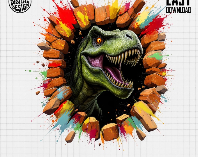 Dinosaur T-Shirt, T Rex Design, Colorful Dinosaur, Brick Wall Art, Prehistoric T-Shirt, Dino Tee, Digital Item, T-Shirt