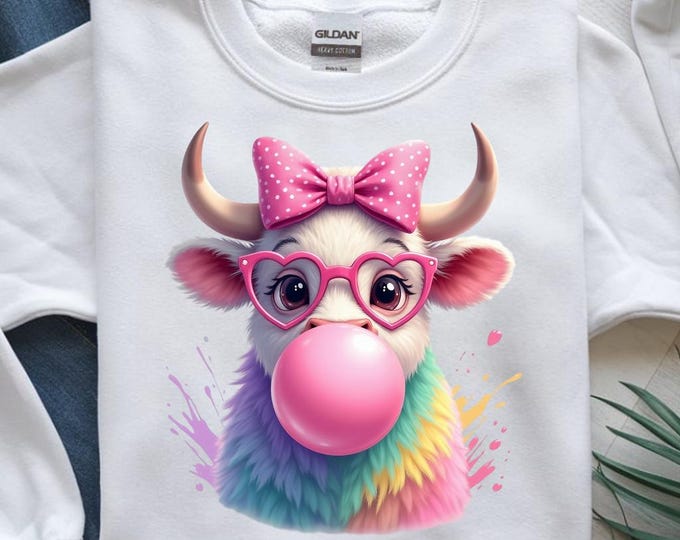 Cute Cow PNG with Bubble Gum, Rainbow Cow Sublimation Design, Pink Glasses Cow Clipart, Girly Cow Digital Download PNG