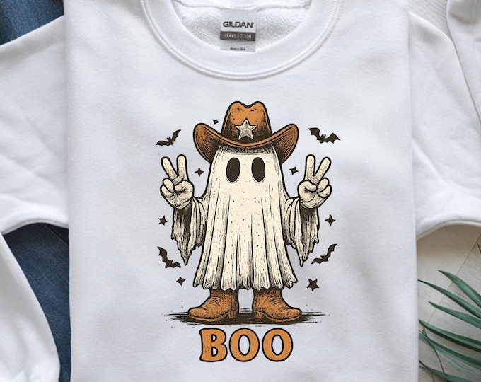 Spooky Cowboy Ghost T-Shirt, Halloween Tee, Western Boo, Digital Download, Trending Design, Funny Costume, Peace Sign Ghost Shirt