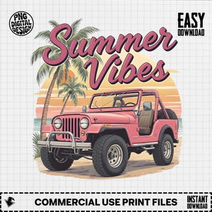 Summer Vibes Retro Jeep Tropical Palm Trees Beach Sunset Digital PNG Download