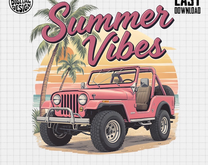 Summer Vibes T-Shirt, Beach Jeep, Retro Car, Tropical Palm Tree, Vacation, Summer Trip, Digital Item