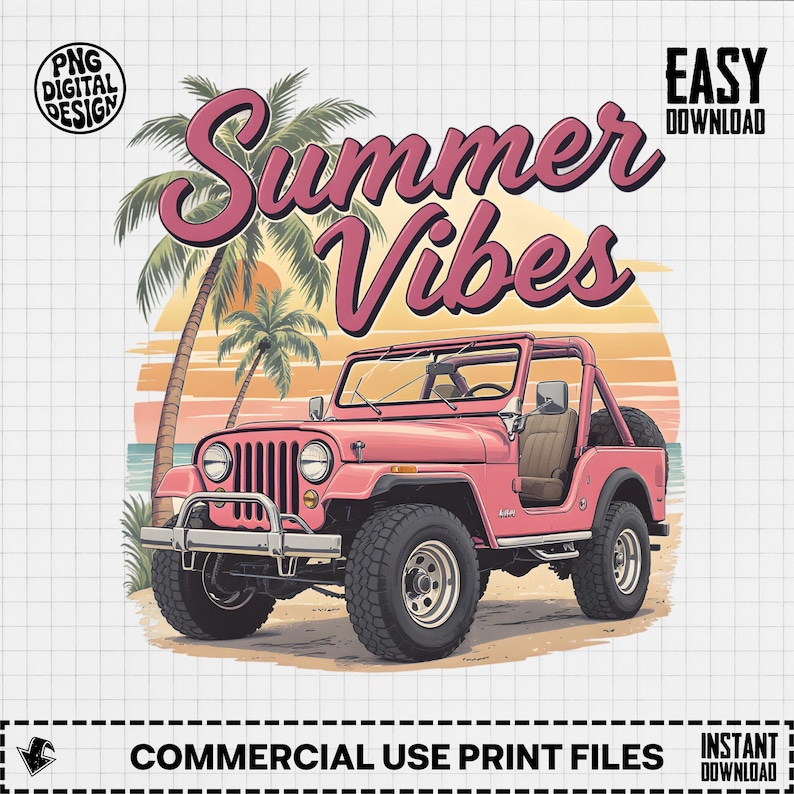 Summer Vibes Retro Jeep Tropical Palm Trees Beach Sunset Digital PNG Download