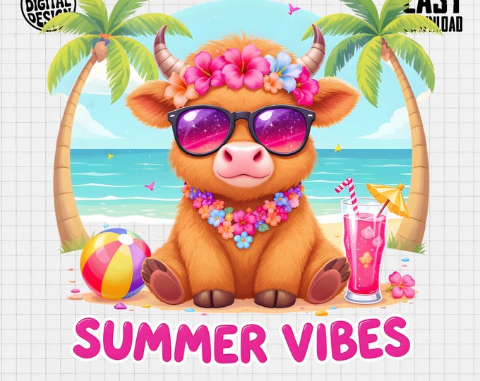 Summer Vibes Highland Cow T-Shirt, Tropical Beach Cow, Hawaiian Flowers, Vacation T-Shirt, Cow Lover Gift, Summer T-Shirt, Digital Item