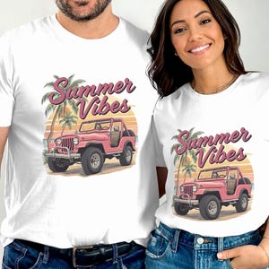 Summer Vibes T-Shirt, Beach Palm Tree Sunset Graphic, Pink Jeep Unisex Tee for Couples