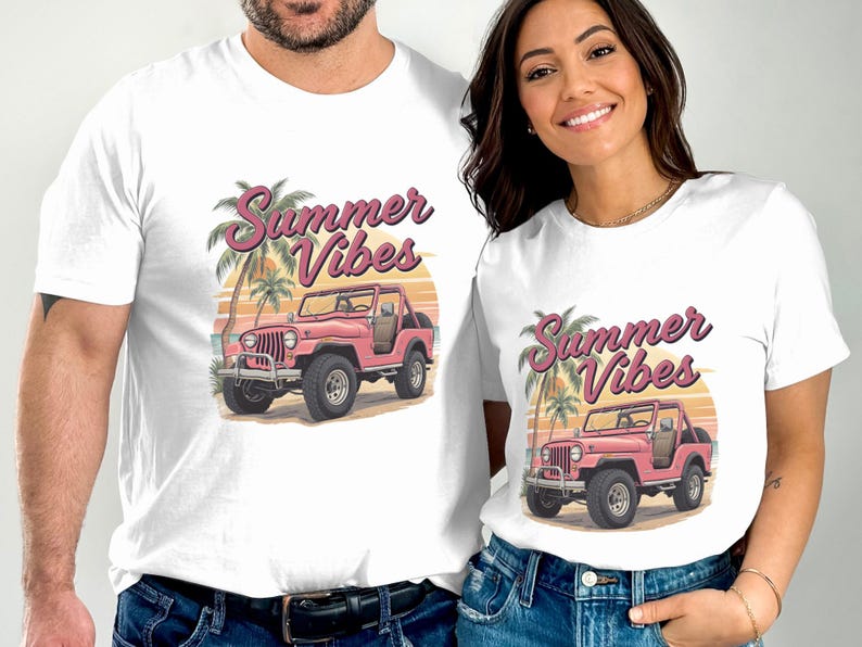 Summer Vibes T-Shirt, Beach Palm Tree Sunset Graphic, Pink Jeep Unisex Tee for Couples
