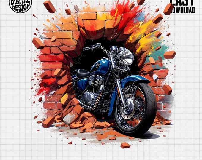 Motorcycle T Shirt, Breaking Wall Design, Cool Biker Gift, Unique Moto Tee, Grunge Art Shirt, Men Women, Digital Item