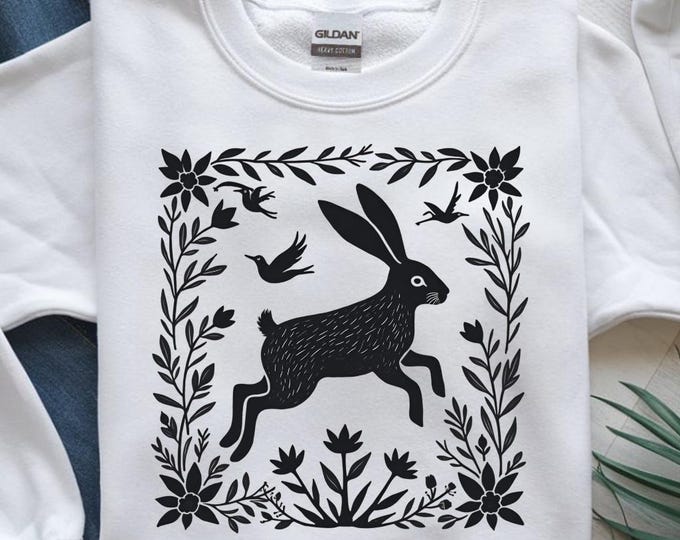 Folk Rabbit PNG, Rustic Floral Bunny Clipart, Silhouette Animal T-Shirt Design, Vintage Spring Nature Art, Digital Download