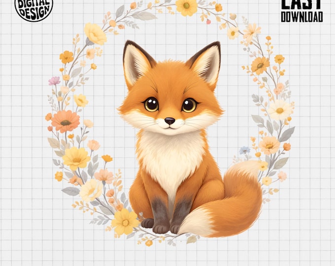 Cute Fox T-Shirt, Floral Wreath, Animal Tee, Gift for Fox Lovers, Cartoon Style Shirt, Digital Item, Adorable T Shirt, Popular Tees