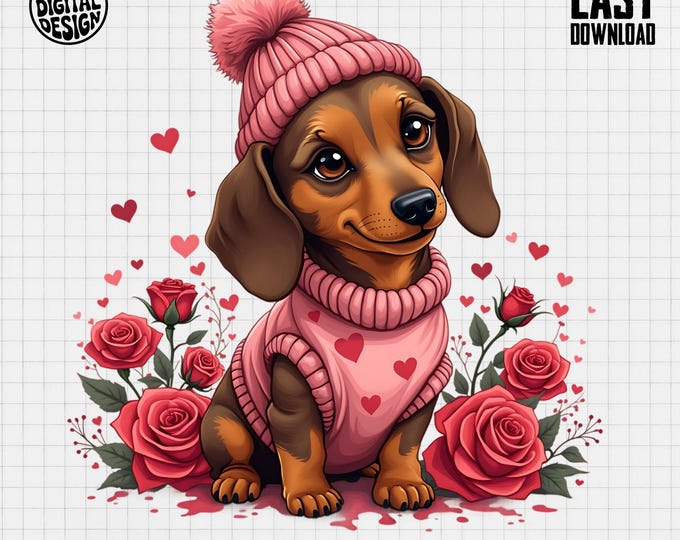 Valentine T-Shirt, Dachshund Puppy, Cute Dog Shirt, Roses, Hearts, Digital Download, Gift for Dog Lover, Wiener Dog Tee, Valentine's Gift