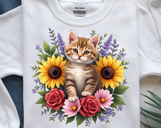 Cute Cat with Flowers PNG, Kitten and Sunflowers Clipart, Digital Download, Floral Cat Art, Sublimation Design 4096×4096