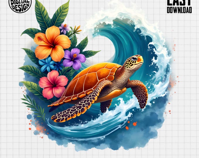 Sea Turtle T Shirt, Hawaiian Flowers, Ocean Wave Design, Digital Image, Turtle Lover Gift, Tropical Vacation, Sea Life, Summer T Shirt