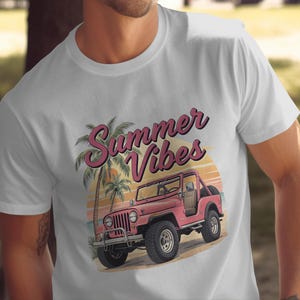 Men's Summer Vibes T-Shirt, Vintage Jeep Graphic, Tropical Palm Design, Casual Beach Style Tee