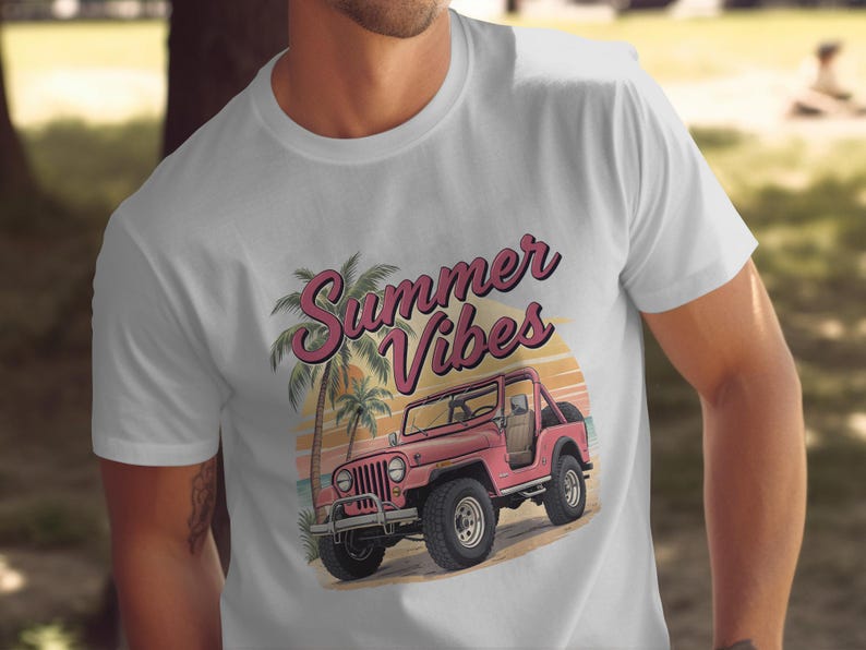 Men's Summer Vibes T-Shirt, Vintage Jeep Graphic, Tropical Palm Design, Casual Beach Style Tee