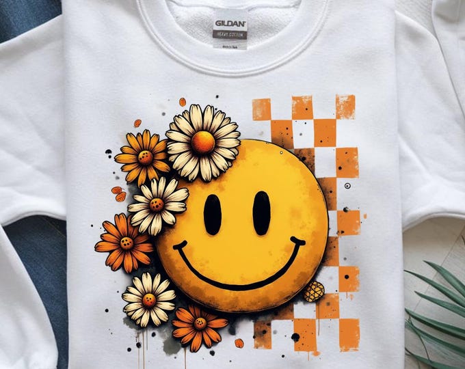 Retro Smiley Face with Flowers PNG, Vintage Grunge Daisy Clipart, Boho 90s Aesthetic Digital Download for T-Shirt Design, 300DPI