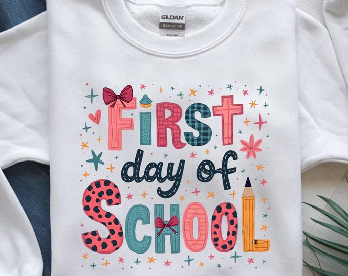 First Day of School PNG, Cute Back to School T-Shirt Design, Kindergarten Printable PNG, Pencil and Bow Letter Art, Digital Download