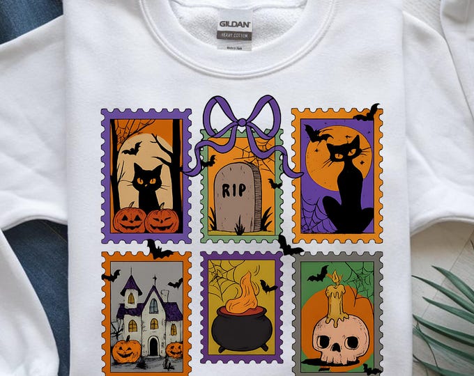 Vintage Halloween Stamps T-Shirt, Spooky Cats, Haunted House, Witch Cauldron, Skull, October 31st, Creepy, Digital Print