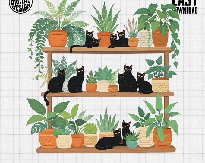 Black Cat Plants T Shirt, Funny Cat Lover Gift, Crazy Plant Lady Tee, Cute Feline Shirt, Botanical Cat TShirt, Gift For Cat Mom