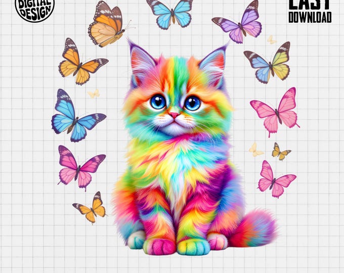 Rainbow Cat T Shirt, Cute Kitten Tee, Butterfly Cat Lover Shirt, Colorful Animal Shirt, Pet Owner Gift, Digital Item, Trendy TShirt Design