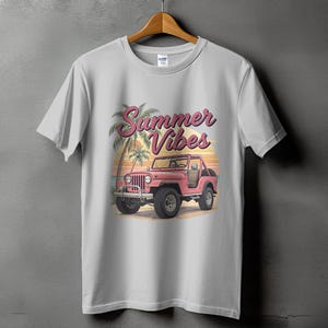 Summer Vibes T-Shirt with Jeep Graphic, Tropical Sunset Palm Trees Tee, Casual Beach Style Top, Unisex Fashion