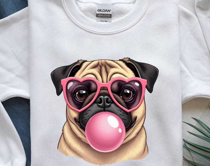 Cute Pug with Bubblegum PNG, Funny Dog with Heart Glasses Digital Download, Sublimation Design for Shirts and Mugs