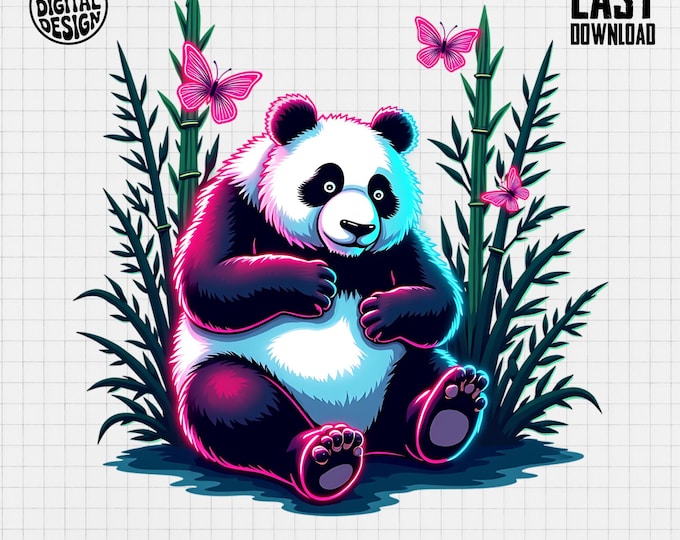 Panda T-Shirt, Neon Panda Bear, Butterfly T-Shirt, Bamboo T-Shirt, Cute Animal Shirt, Kawaii Style T-Shirt, Digital T-Shirt Design