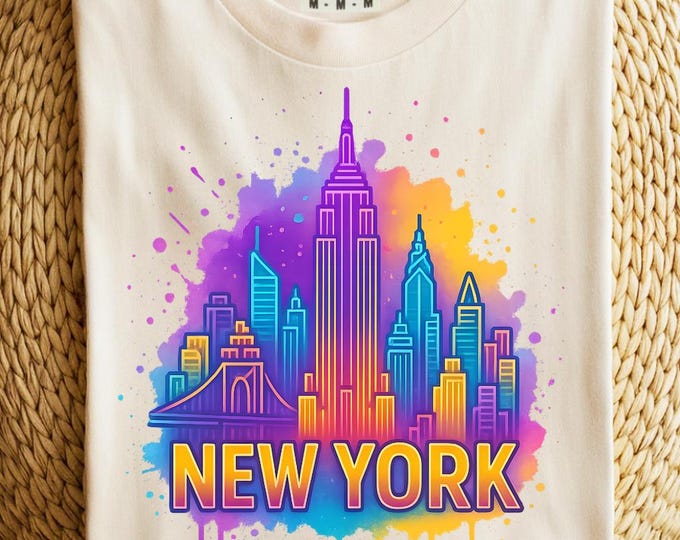 New York City PNG, Colorful Retro Neon Skyline, USA PNG, Vintage America Design, T-Shirt & Sweatshirt Printable, Digital Download
